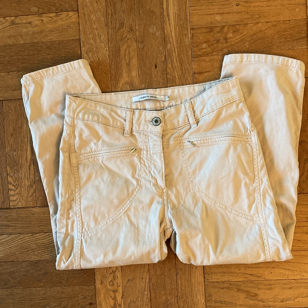 Lauren Vidal cotton capris cropped pants, slant seam, zippered front pockets, XS